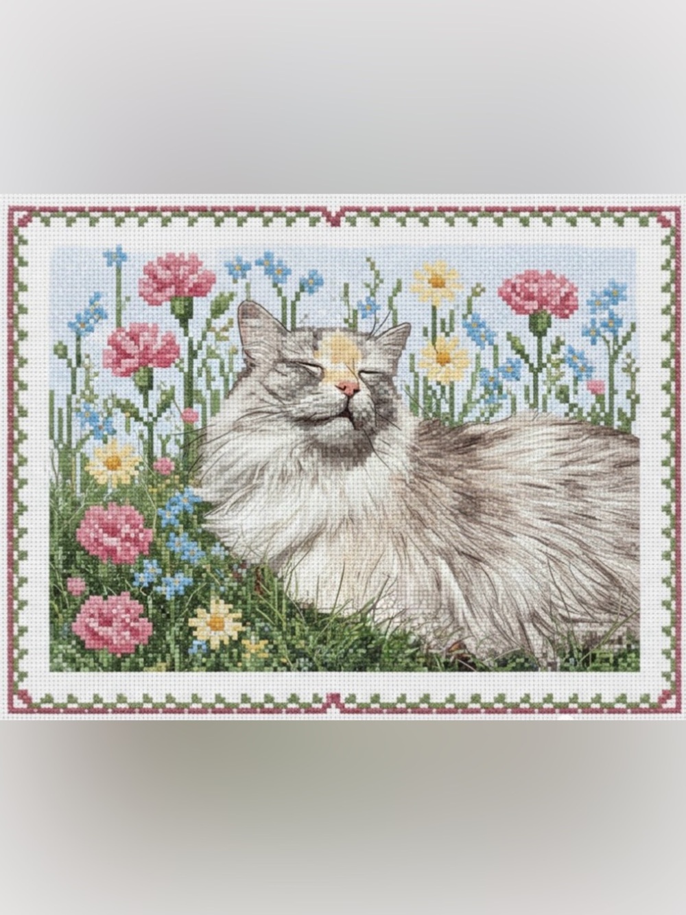 Floral Cat Faux Cross-Stitch Paper Print Out